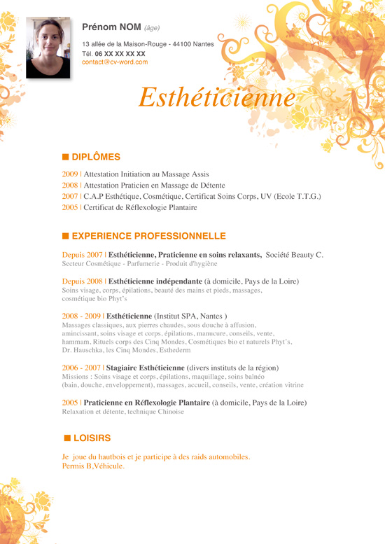 modele cv estheticienne word