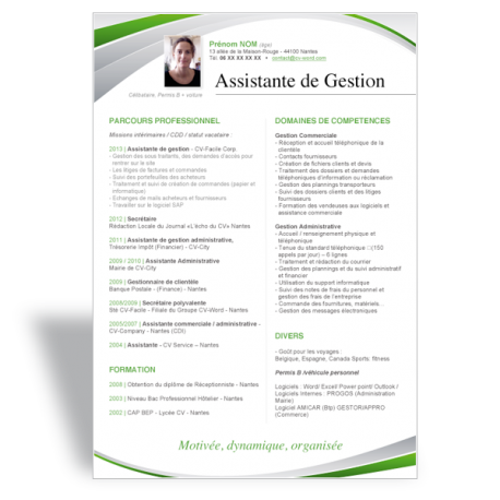 Modèle CV Word Assistante de Gestion vert